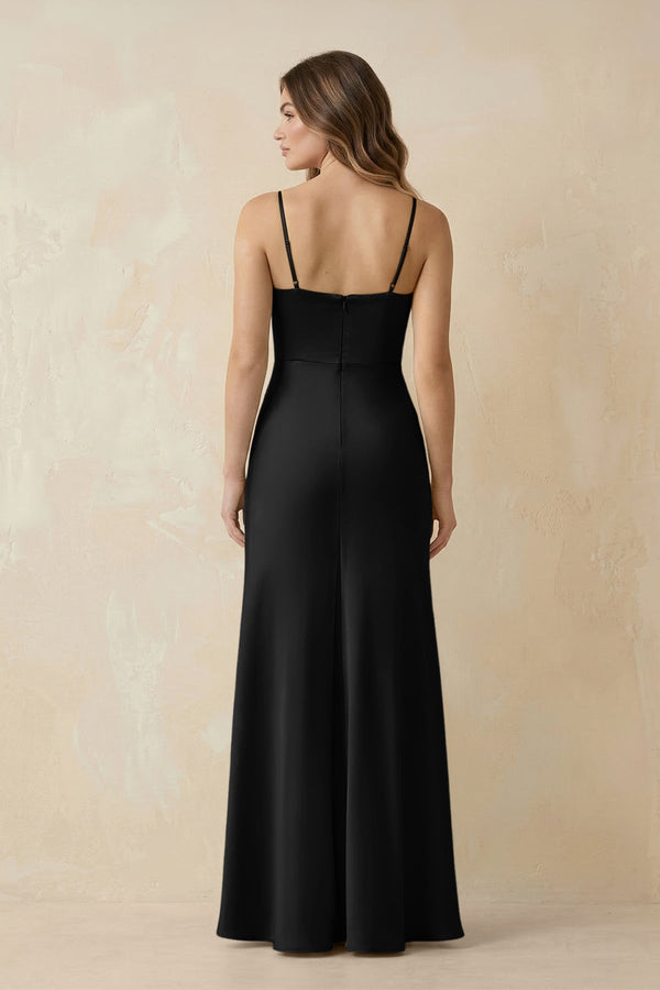 Spaghetti Strap Sheath Satin Bridesmaid Dress With Slit in Black - KissProm Bridesmaid Dresses