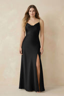 Spaghetti Strap Sheath Satin Bridesmaid Dress With Slit in Black - KissProm Bridesmaid Dresses
