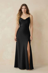 Spaghetti Strap Sheath Satin Bridesmaid Dress With Slit in Black - KissProm Bridesmaid Dresses