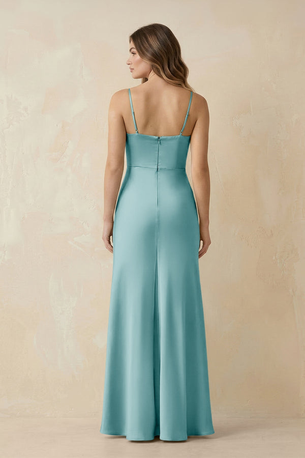 Spaghetti Strap Sheath Satin Bridesmaid Dress With Slit in Bleached Aqua - KissProm Bridesmaid Dresses