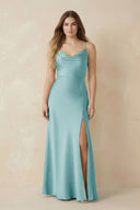 Spaghetti Strap Sheath Satin Bridesmaid Dress With Slit in Bleached Aqua - KissProm Bridesmaid Dresses