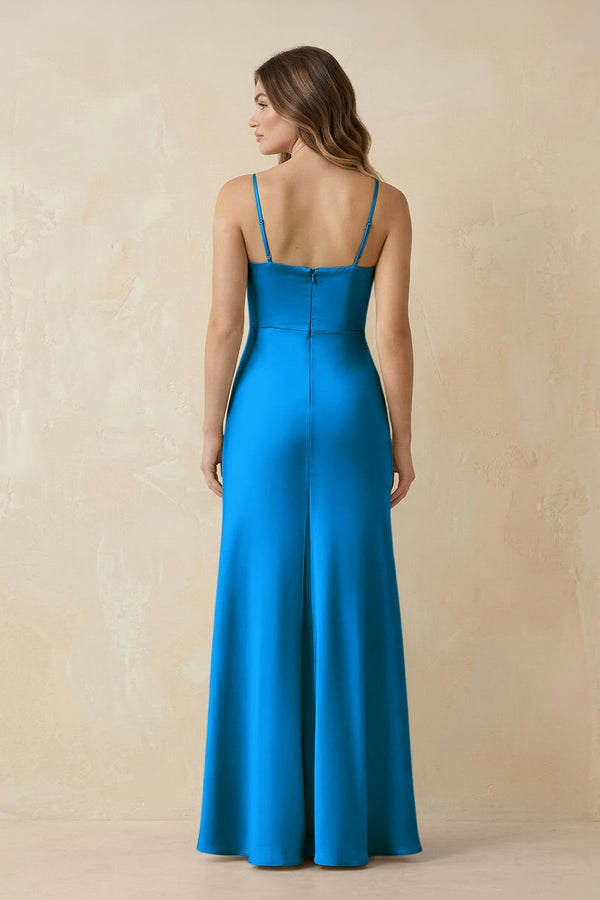 Spaghetti Strap Sheath Satin Bridesmaid Dress With Slit in Blue Jay - KissProm Bridesmaid Dresses