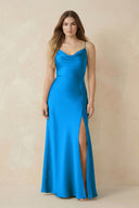 Spaghetti Strap Sheath Satin Bridesmaid Dress With Slit in Blue Jay - KissProm Bridesmaid Dresses
