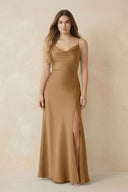 Spaghetti Strap Sheath Satin Bridesmaid Dress With Slit in Bronzer - KissProm Bridesmaid Dresses