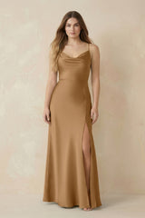 Spaghetti Strap Sheath Satin Bridesmaid Dress With Slit in Bronzer - KissProm Bridesmaid Dresses