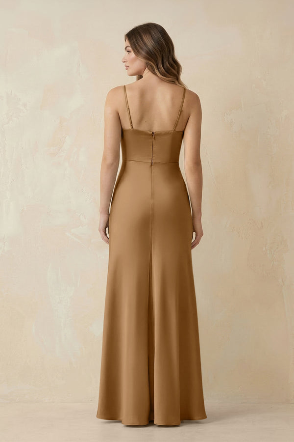 Spaghetti Strap Sheath Satin Bridesmaid Dress With Slit in Bronzer - KissProm Bridesmaid Dresses