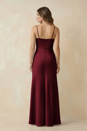 Spaghetti Strap Sheath Satin Bridesmaid Dress With Slit in Burgundy - KissProm Bridesmaid Dresses