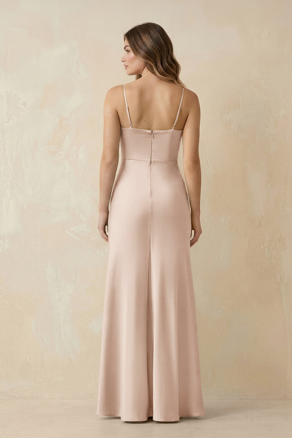 Spaghetti Strap Sheath Satin Bridesmaid Dress With Slit in Buttercream - KissProm Bridesmaid Dresses