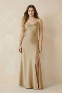 Spaghetti Strap Sheath Satin Bridesmaid Dress With Slit in Champagne - KissProm Bridesmaid Dresses