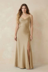 Spaghetti Strap Sheath Satin Bridesmaid Dress With Slit in Champagne - KissProm Bridesmaid Dresses