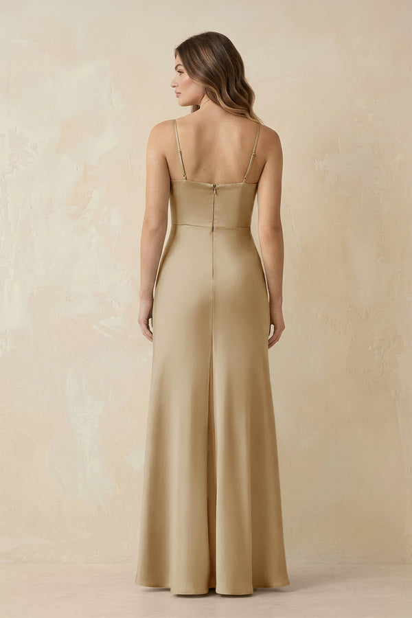 Spaghetti Strap Sheath Satin Bridesmaid Dress With Slit in Champagne - KissProm Bridesmaid Dresses