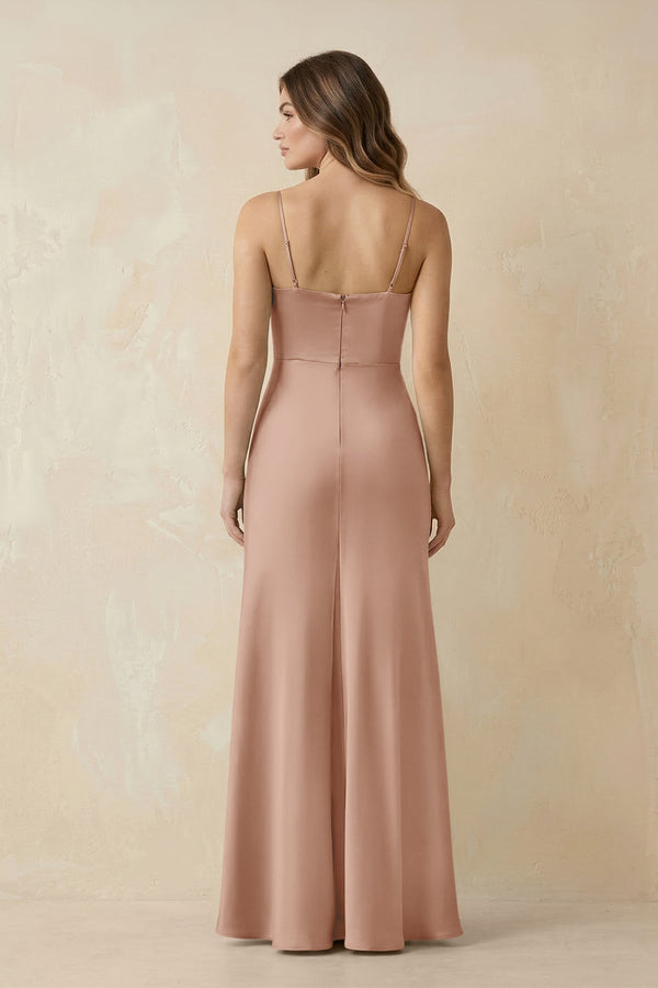 Spaghetti Strap Sheath Satin Bridesmaid Dress With Slit in Champagne Rose - KissProm Bridesmaid Dresses