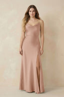 Spaghetti Strap Sheath Satin Bridesmaid Dress With Slit in Champagne Rose - KissProm Bridesmaid Dresses