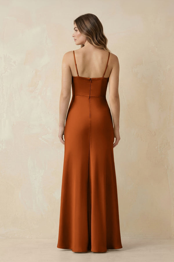 Spaghetti Strap Sheath Satin Bridesmaid Dress With Slit in Cinnamon - KissProm Bridesmaid Dresses