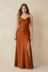 Spaghetti Strap Sheath Satin Bridesmaid Dress With Slit in Cinnamon - KissProm Bridesmaid Dresses