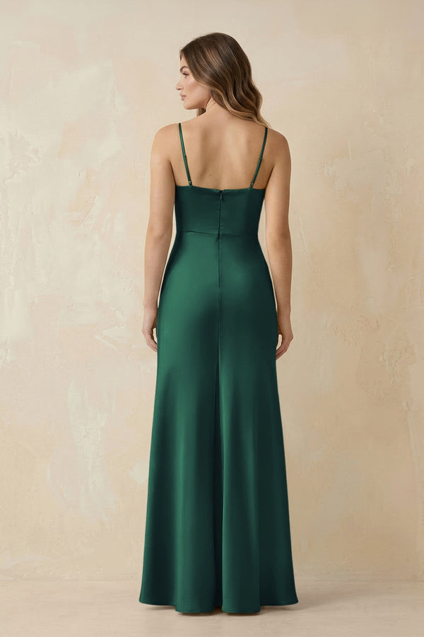 Spaghetti Strap Sheath Satin Bridesmaid Dress With Slit in Dark Green - KissProm Bridesmaid Dresses