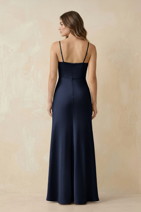 Spaghetti Strap Sheath Satin Bridesmaid Dress With Slit in Dark Navy - KissProm Bridesmaid Dresses