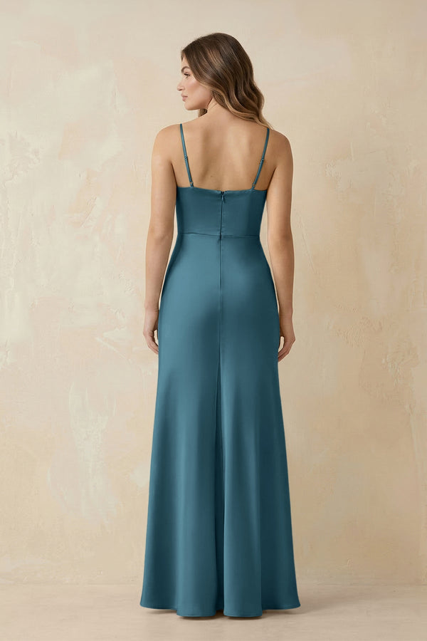 Spaghetti Strap Sheath Satin Bridesmaid Dress With Slit in Dark Teal - KissProm Bridesmaid Dresses