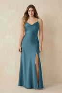 Spaghetti Strap Sheath Satin Bridesmaid Dress With Slit in Dark Teal - KissProm Bridesmaid Dresses