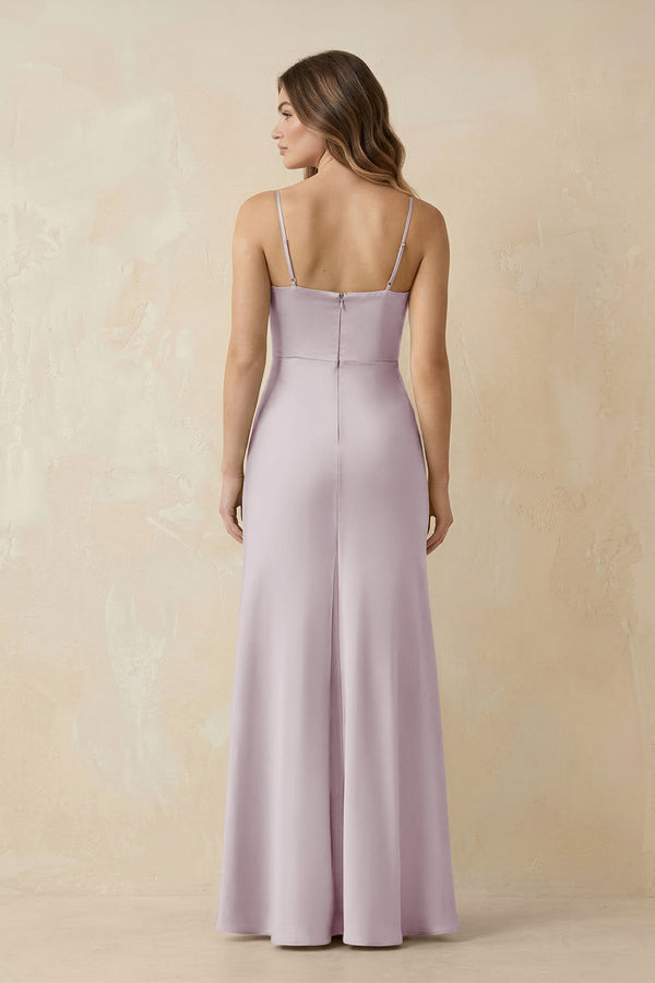 Spaghetti Strap Sheath Satin Bridesmaid Dress With Slit in Dusk - KissProm Bridesmaid Dresses