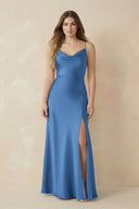 Spaghetti Strap Sheath Satin Bridesmaid Dress With Slit in Dusty Blue - KissProm Bridesmaid Dresses
