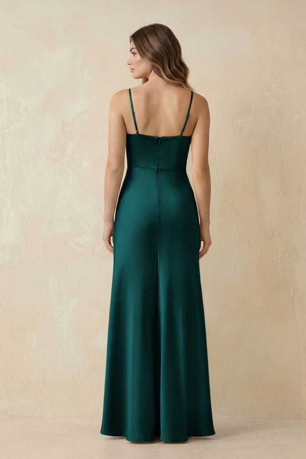 Spaghetti Strap Sheath Satin Bridesmaid Dress With Slit in Emerald - KissProm Bridesmaid Dresses