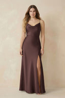 Spaghetti Strap Sheath Satin Bridesmaid Dress With Slit in Espresso - KissProm Bridesmaid Dresses