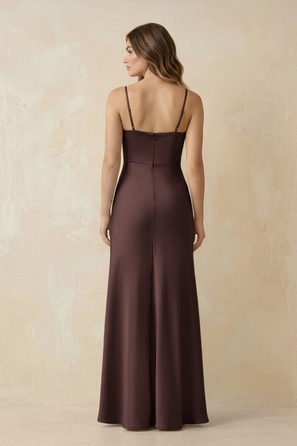 Spaghetti Strap Sheath Satin Bridesmaid Dress With Slit in Espresso - KissProm Bridesmaid Dresses