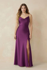 Spaghetti Strap Sheath Satin Bridesmaid Dress With Slit in Fig - KissProm Bridesmaid Dresses
