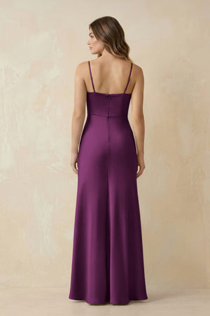 Spaghetti Strap Sheath Satin Bridesmaid Dress With Slit in Fig - KissProm Bridesmaid Dresses