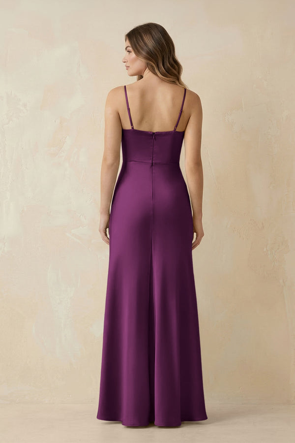Spaghetti Strap Sheath Satin Bridesmaid Dress With Slit in Fig - KissProm Bridesmaid Dresses