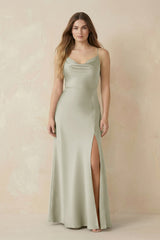 Spaghetti Strap Sheath Satin Bridesmaid Dress With Slit in Frost - KissProm Bridesmaid Dresses