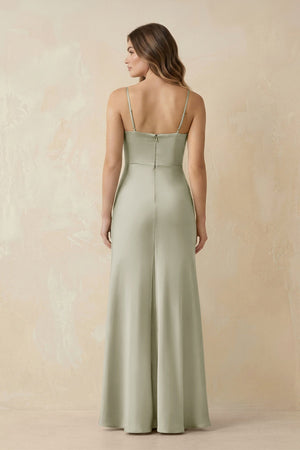 Spaghetti Strap Sheath Satin Bridesmaid Dress With Slit in Frost - KissProm Bridesmaid Dresses