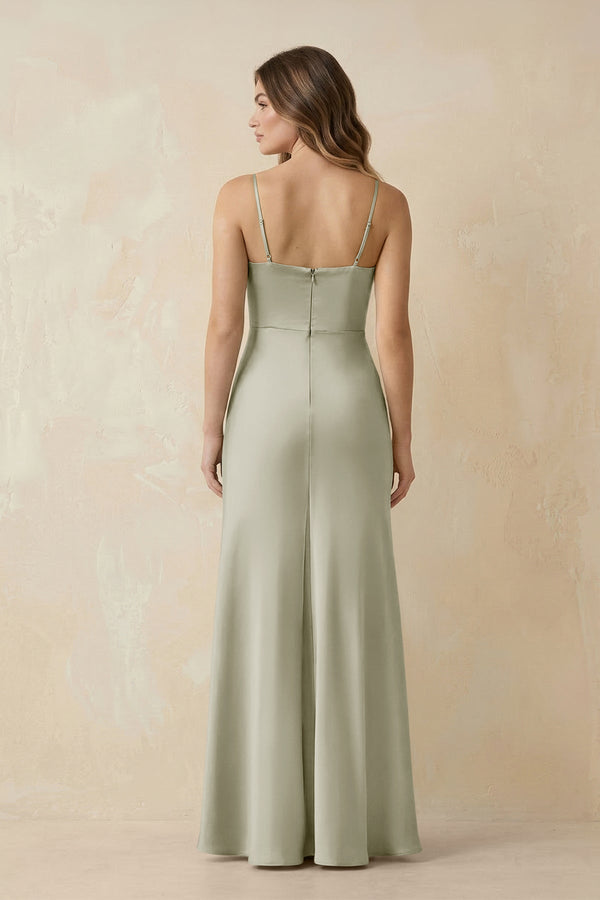 Spaghetti Strap Sheath Satin Bridesmaid Dress With Slit in Frost - KissProm Bridesmaid Dresses