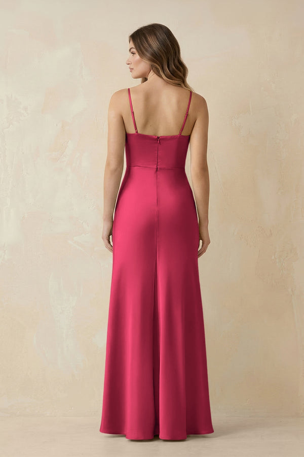 Spaghetti Strap Sheath Satin Bridesmaid Dress With Slit in Fuchsia - KissProm Bridesmaid Dresses