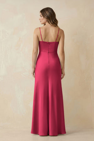 Spaghetti Strap Sheath Satin Bridesmaid Dress With Slit in Fuchsia - KissProm Bridesmaid Dresses