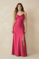 Spaghetti Strap Sheath Satin Bridesmaid Dress With Slit in Fuchsia - KissProm Bridesmaid Dresses