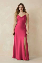 Spaghetti Strap Sheath Satin Bridesmaid Dress With Slit in Fuchsia - KissProm Bridesmaid Dresses