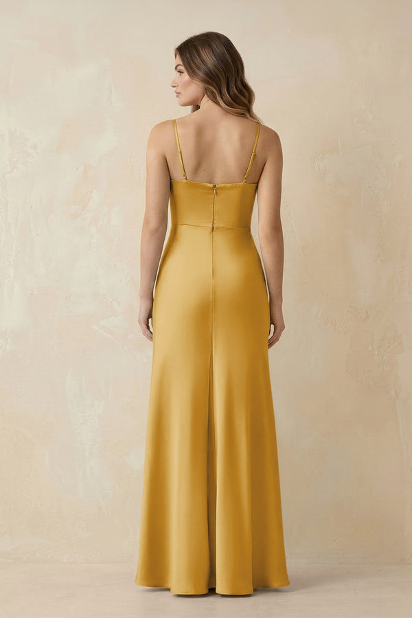 Spaghetti Strap Sheath Satin Bridesmaid Dress With Slit in Gold - KissProm Bridesmaid Dresses