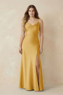Spaghetti Strap Sheath Satin Bridesmaid Dress With Slit in Gold - KissProm Bridesmaid Dresses