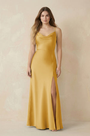Spaghetti Strap Sheath Satin Bridesmaid Dress With Slit in Gold - KissProm Bridesmaid Dresses