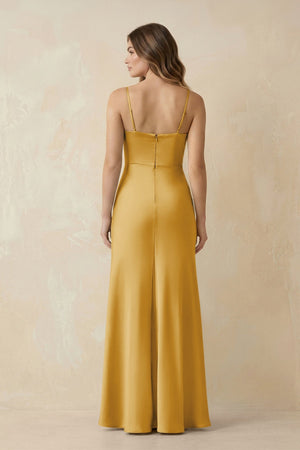 Spaghetti Strap Sheath Satin Bridesmaid Dress With Slit in Gold - KissProm Bridesmaid Dresses
