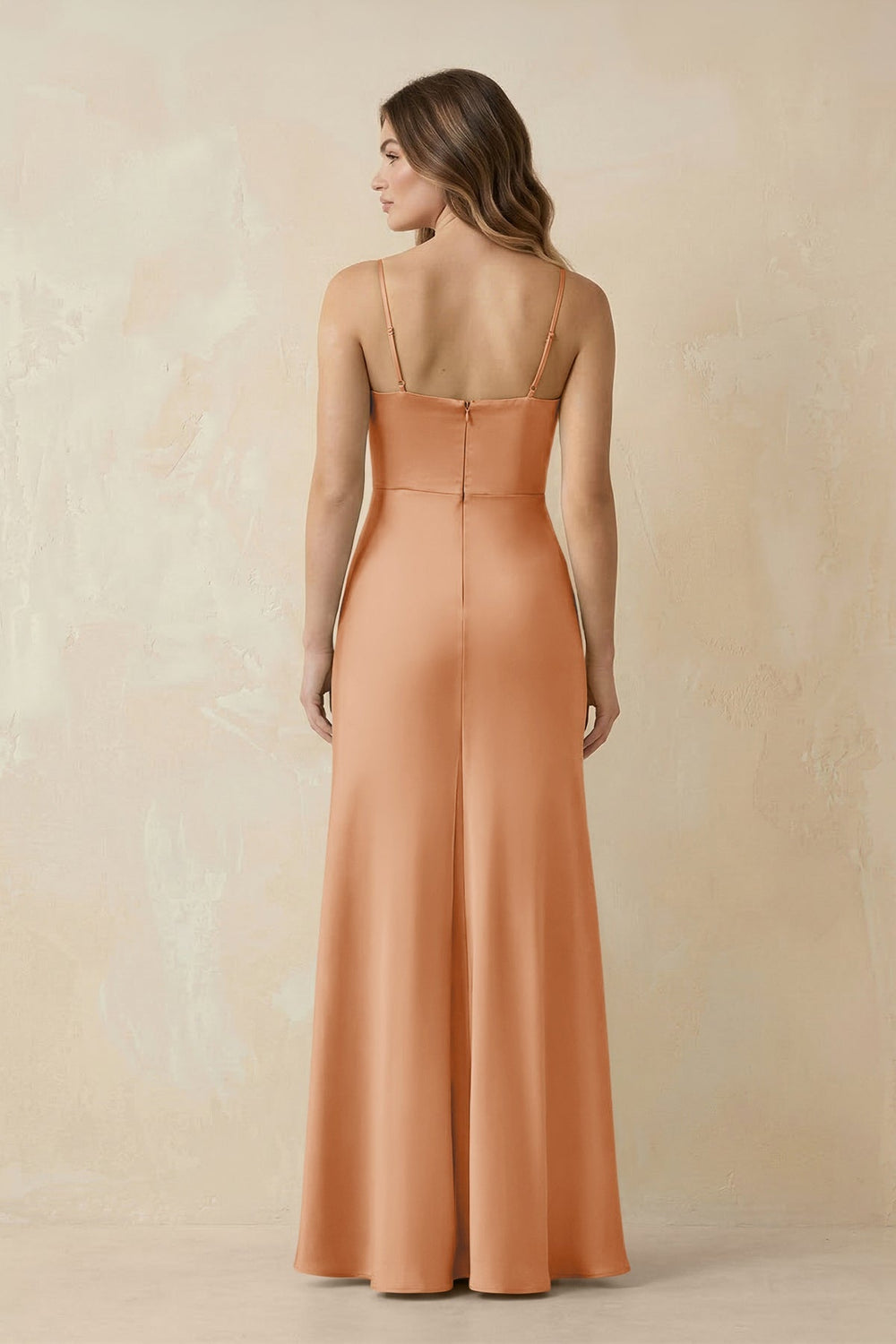 Spaghetti Strap Sheath Satin Bridesmaid Dress With Slit in Golden Champagne - KissProm Bridesmaid Dresses