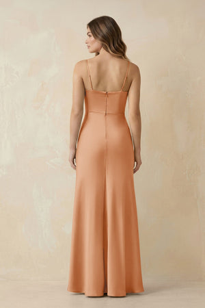 Spaghetti Strap Sheath Satin Bridesmaid Dress With Slit in Golden Champagne - KissProm Bridesmaid Dresses