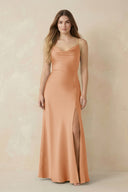 Spaghetti Strap Sheath Satin Bridesmaid Dress With Slit in Golden Champagne - KissProm Bridesmaid Dresses