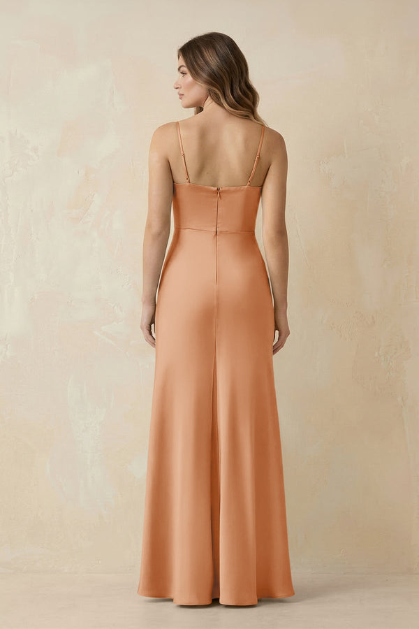 Spaghetti Strap Sheath Satin Bridesmaid Dress With Slit in Golden Champagne - KissProm Bridesmaid Dresses