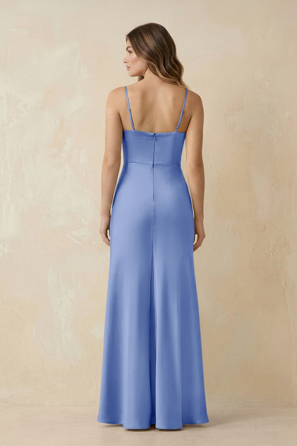 Spaghetti Strap Sheath Satin Bridesmaid Dress With Slit in Ice - KissProm Bridesmaid Dresses