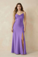 Spaghetti Strap Sheath Satin Bridesmaid Dress With Slit in Lilac - KissProm Bridesmaid Dresses