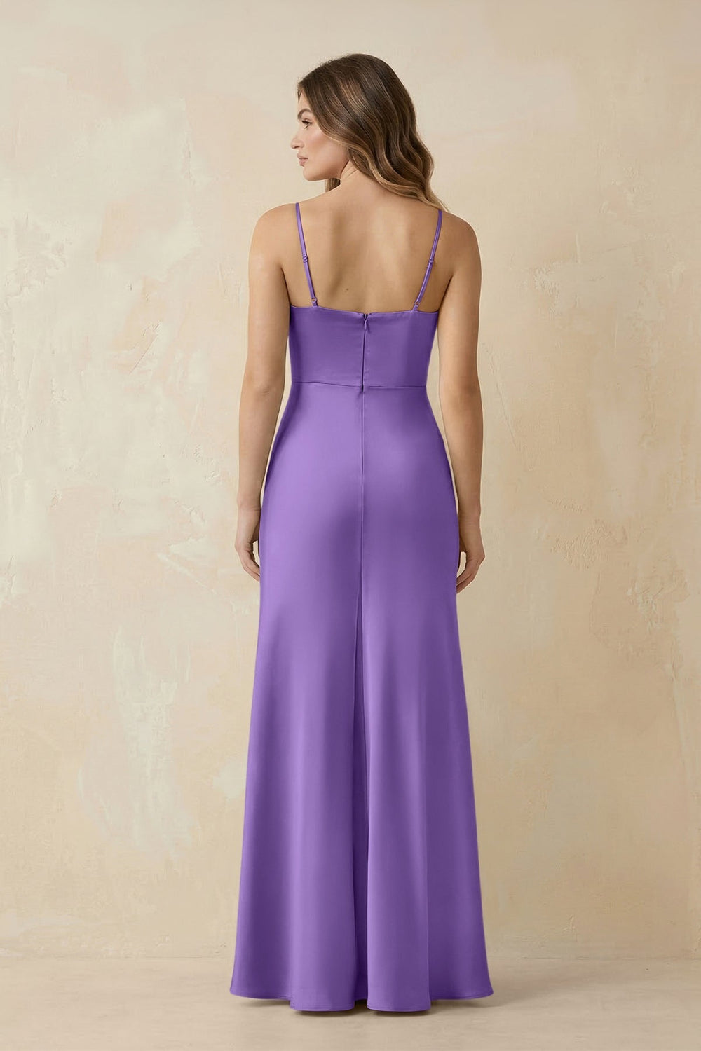 Spaghetti Strap Sheath Satin Bridesmaid Dress With Slit in Lilac - KissProm Bridesmaid Dresses