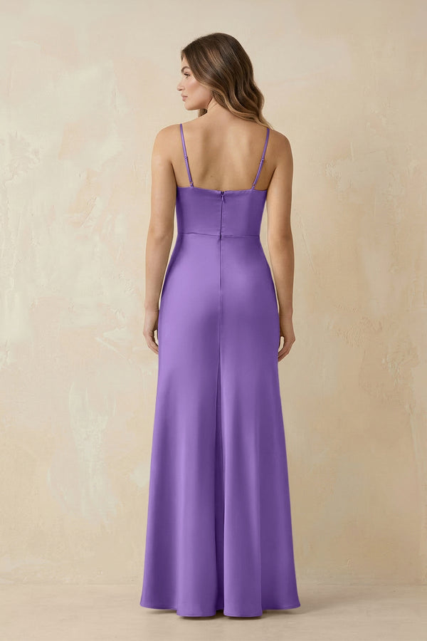 Spaghetti Strap Sheath Satin Bridesmaid Dress With Slit in Lilac - KissProm Bridesmaid Dresses